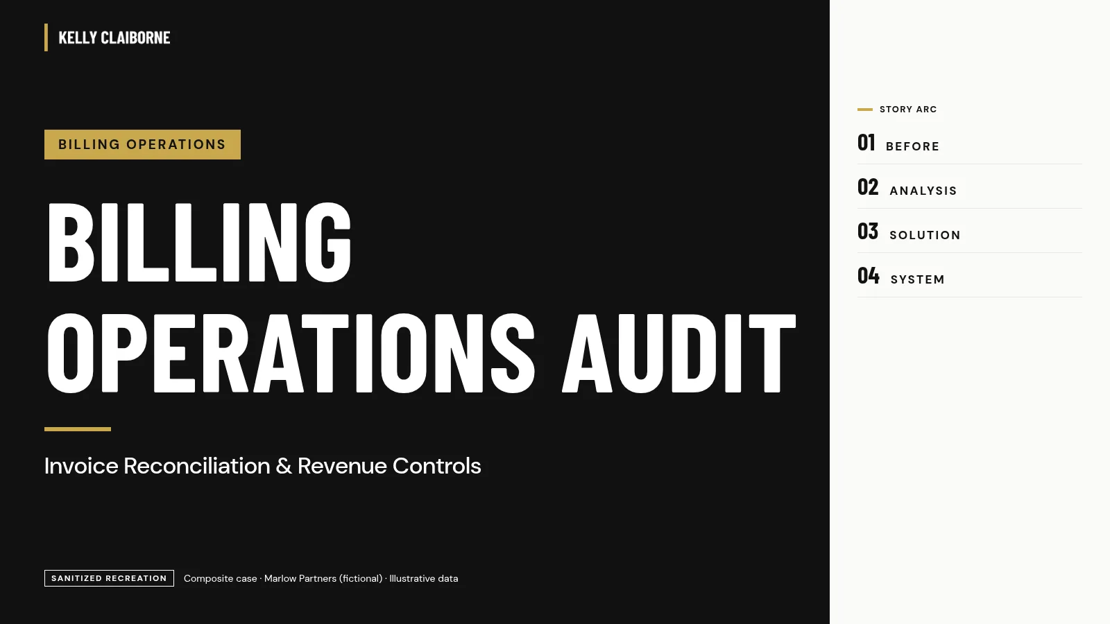 Cover: Billing Operations and Revenue Leakage Audit. Marlow Partners (fictional), illustrative data.